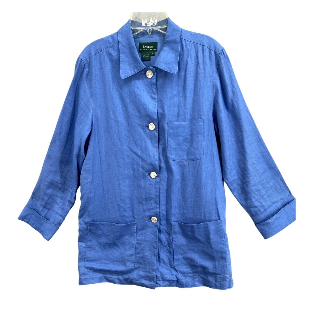 Lauren Ralph Lauren Shirt Womens Sz M Blue 100% Linen Button Front Jacket